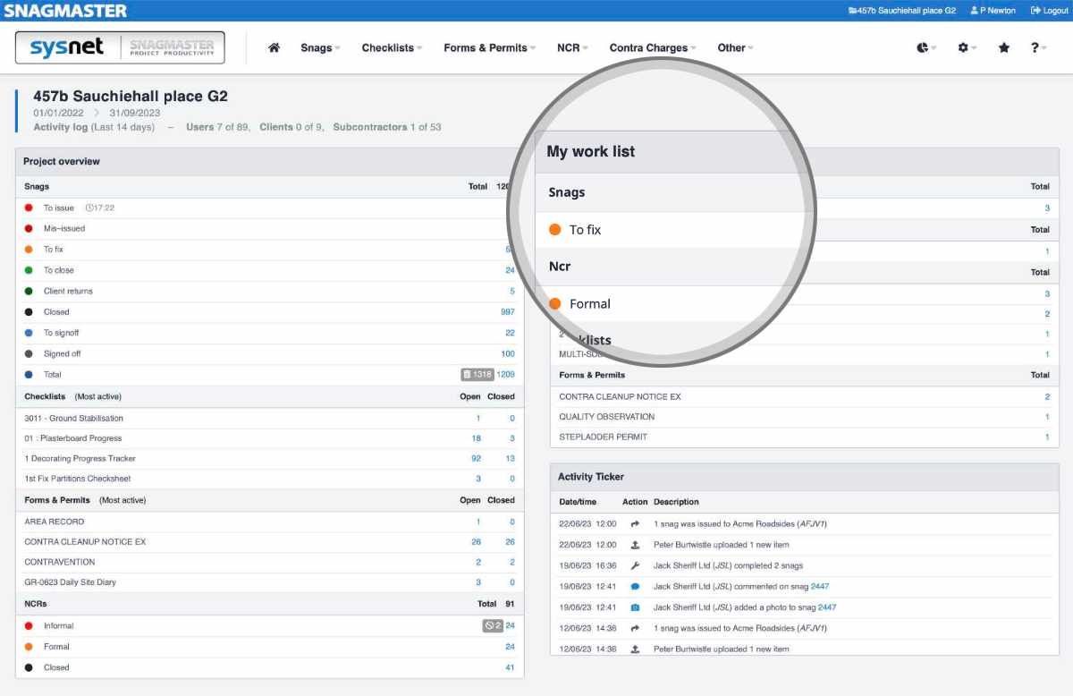 Snagmaster dashboard